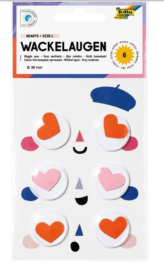 Wiebeloogjes met hartjes, doorsnee 30 mm, 6 stuks