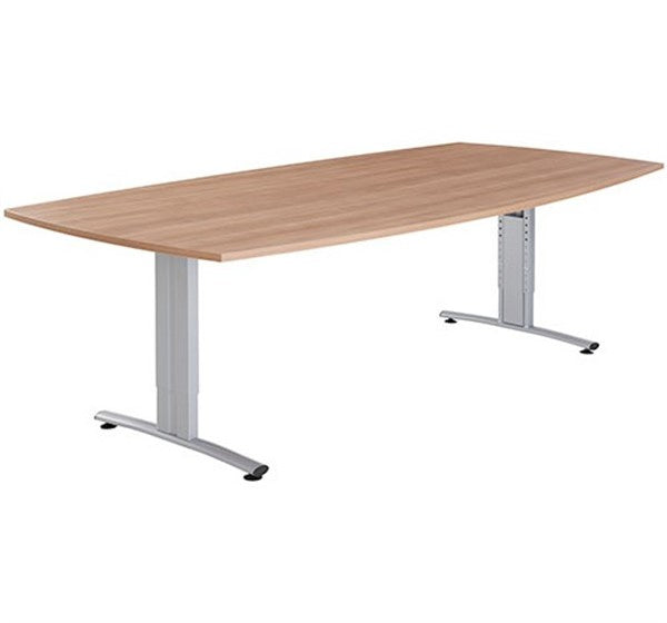 Basic boardroom table, barrel-shaped, 240 x 100/120 cm, adjustable 62-86 cm.