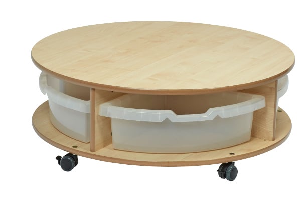 # Ronde, verrijdbare tafel met 4 doorzichtige bakken