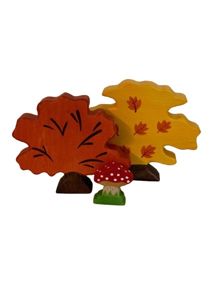 Wooden autumn scene, trees and mushroom