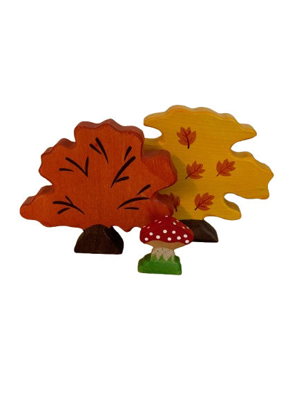Wooden autumn scene, trees and mushroom