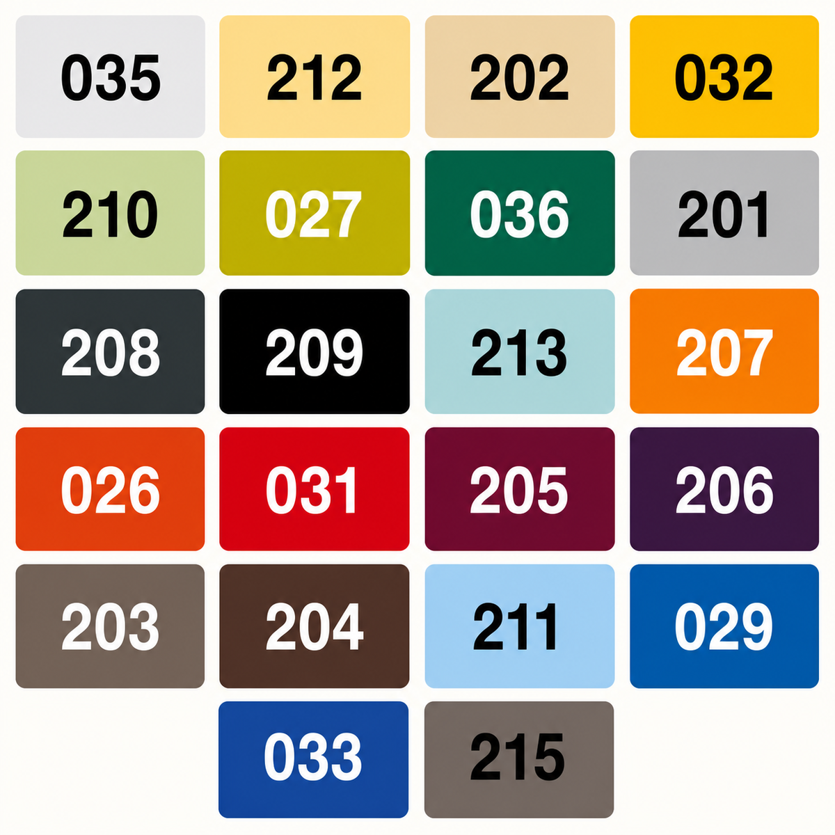 Kleurenkaart met 22 beschikbare kleuren en kleurcodes