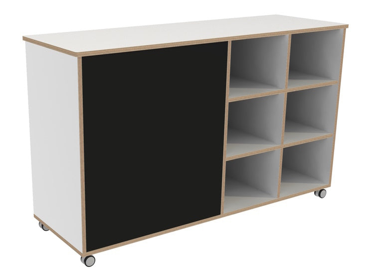 # Room divider shelving unit with mirror and chalkboard