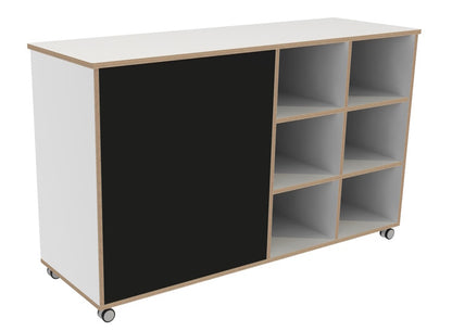 # Room divider shelving unit with mirror and chalkboard