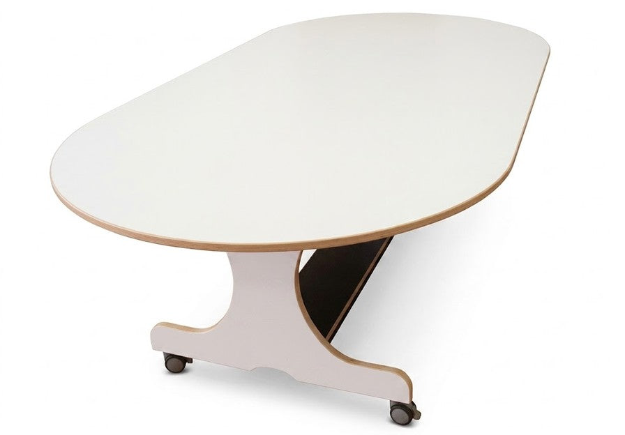 Mobile oval table, birch/white hpl