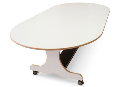 Mobile oval table, birch/white hpl